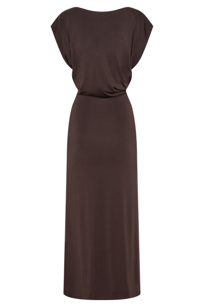 Maiara Shortsleeve Slinky Tie Maxi Dress - Chocolate