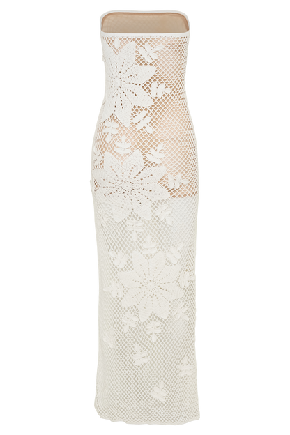 Mandie Hand Crochet Asymmetrical Maxi Dress - White