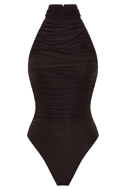 Matilda Ruched Mesh Bodysuit - Chocolate