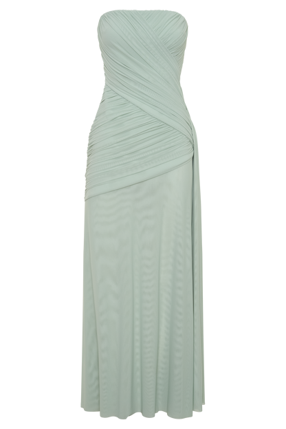 Monet Strapless Ruched Mesh Maxi Dress - Aqua Grey