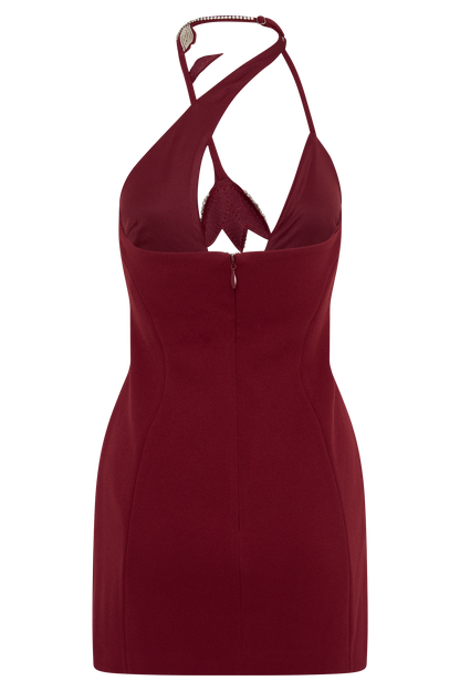 Nathalie Halter Neck Floral Mini Dress - Merlot