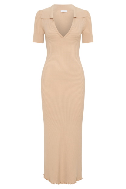 Nichelle Short Sleeve Collared Knit Midi Dress - Natural