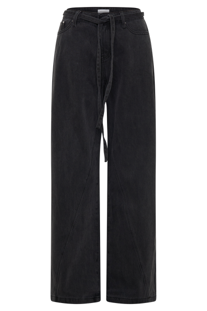 Perrie Mid Rise Straight Leg Tie Jeans - Washed Black