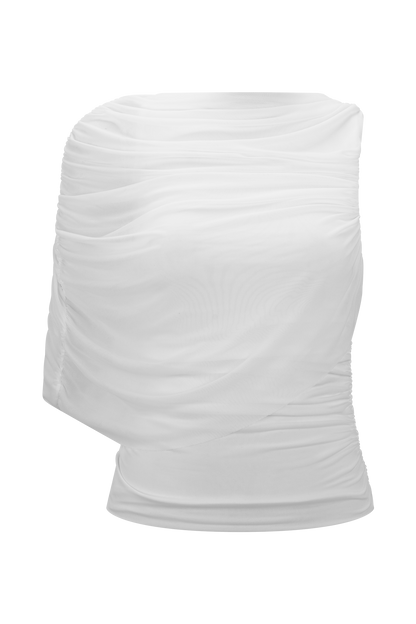 Pruedance Slinky Draped Top With Mesh Overlay - White