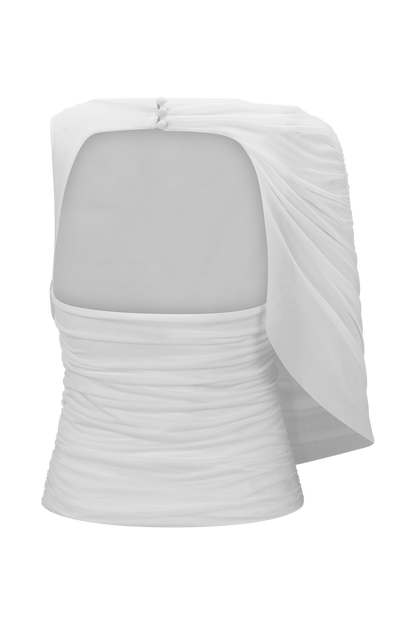 Pruedance Slinky Draped Top With Mesh Overlay - White