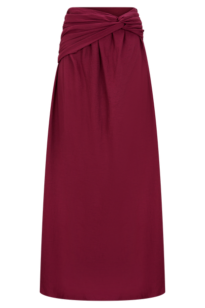 Scottie Gathered Linen Knot Maxi Skirt - Wine