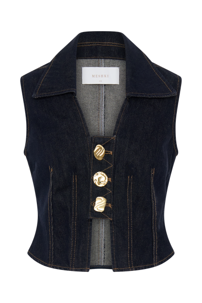 Shona Denim Vest With Decorative Buttons - Washed Indigo Blue