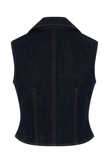 Shona Denim Vest With Decorative Buttons - Washed Indigo Blue