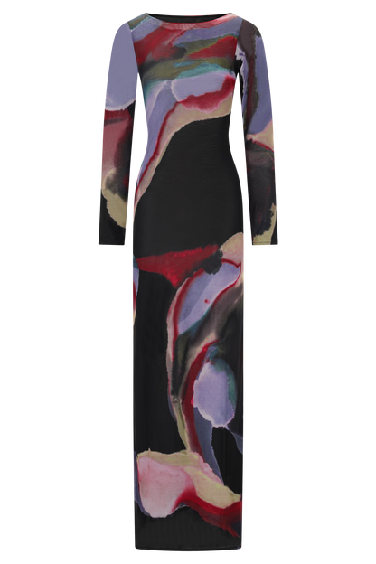 Soraya Long Sleeve Mesh Maxi Dress - Multi Fluid Reverie Print