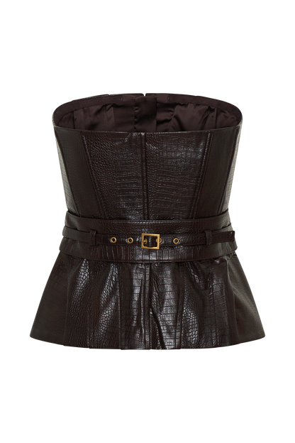 Thalia Faux Leather Boned Corset - Dark Chocolate