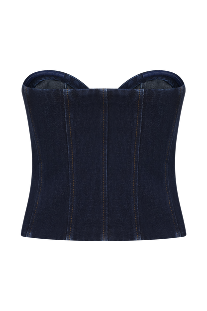 Tully Strapless Topstitch Denim Top - Indigo Blue