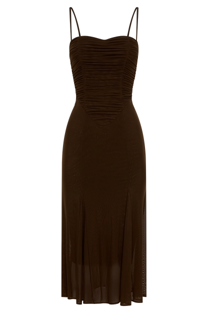 Willa Gathered Mesh Midi Dress - Chocolate