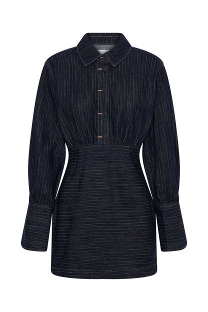 Zarah Denim Long Sleeve Mini Dress - Indigo Pinstripe