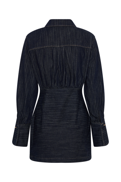 Zarah Denim Long Sleeve Mini Dress - Indigo Pinstripe