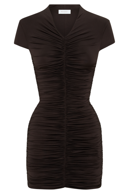 Alphine Gathered Short Sleeve Mini Dress - Chocolate