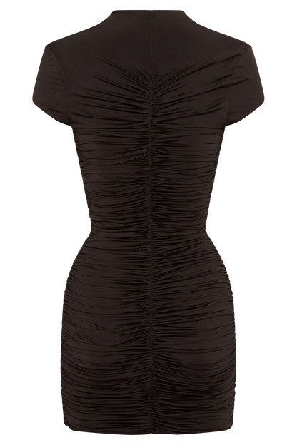 Alphine Gathered Short Sleeve Mini Dress - Chocolate