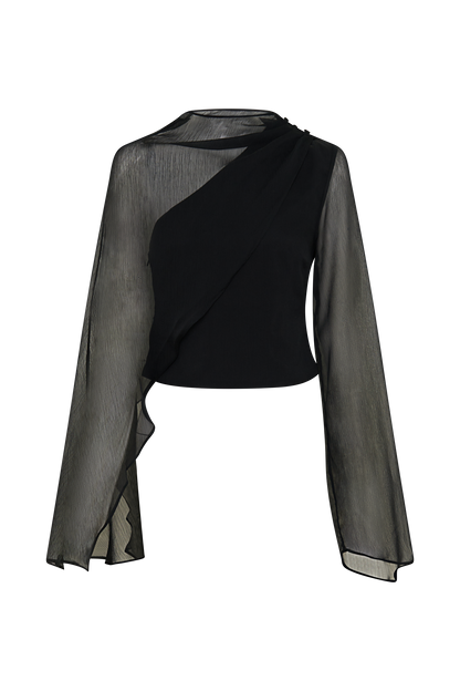Ida Sheer Asymmetrical Long Sleeve Cape - Black