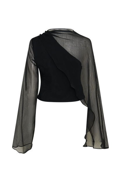 Ida Sheer Asymmetrical Long Sleeve Cape - Black