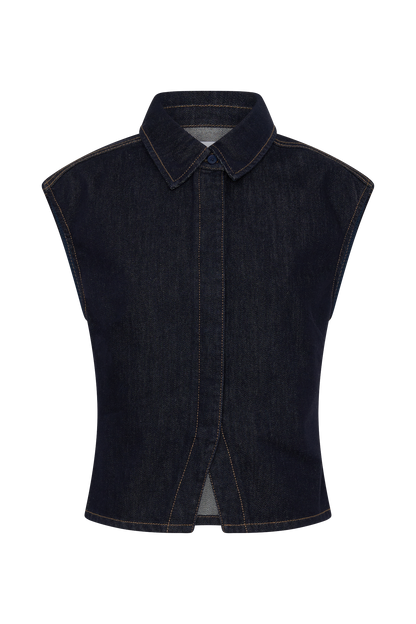 Jeremy Collared Denim Longline Top - Washed Indigo Blue