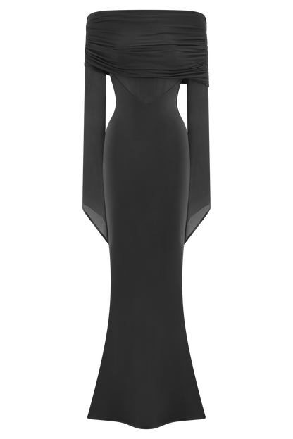 Kaitlin One Shoulder Slinky And Mesh Maxi Dress - Black