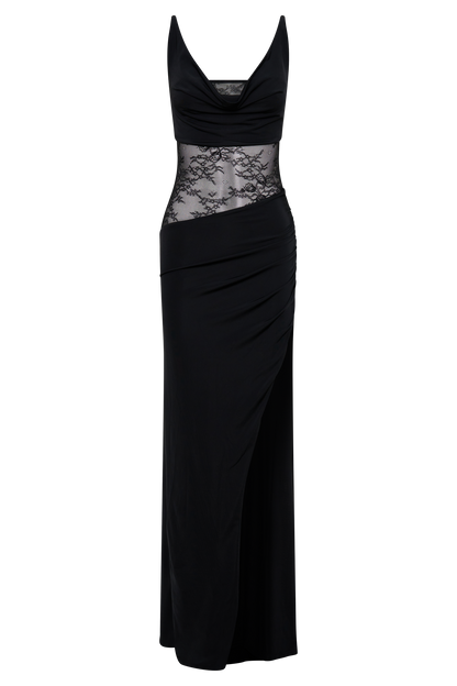 Kelela Draped Slinky And Lace Maxi Dress - Black