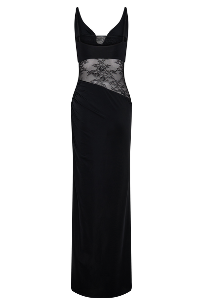 Kelela Draped Slinky And Lace Maxi Dress - Black