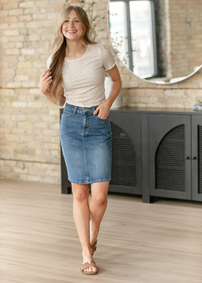 Maelia Medium Wash Denim Midi Skirt