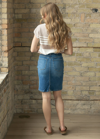 Maelia Medium Wash Denim Midi Skirt