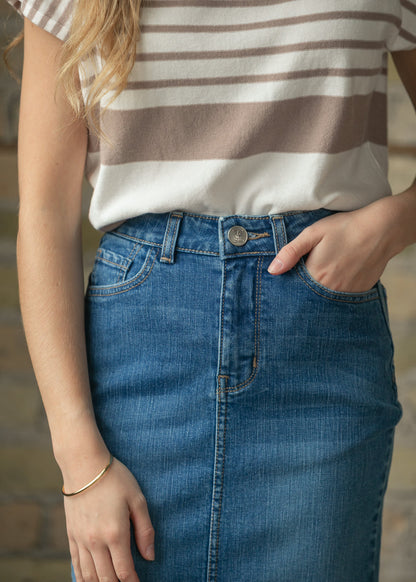 Maelia Medium Wash Denim Midi Skirt