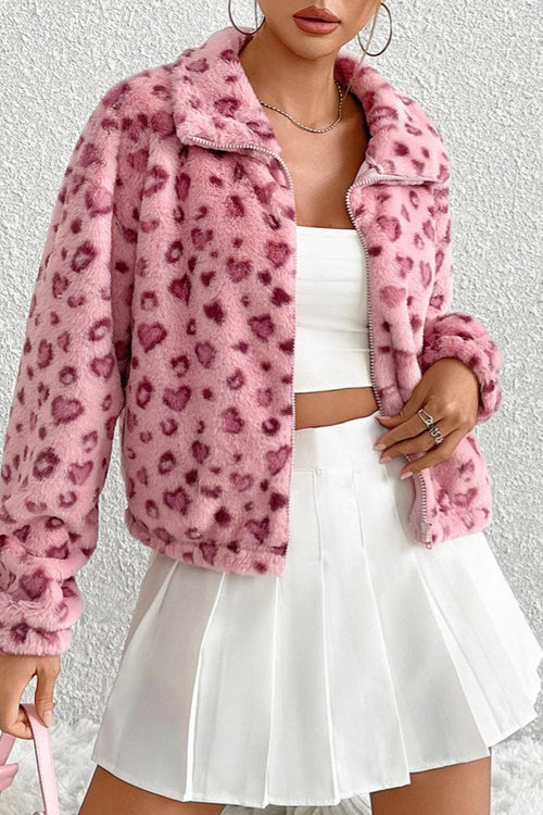 Cozy Heart Leopard Print Fleece Coat