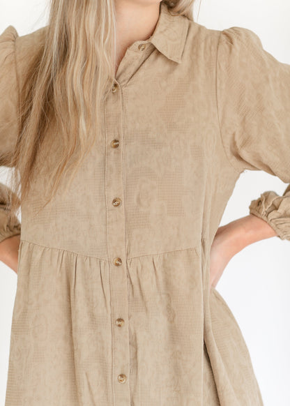 Button Up Textured Taupe Shirt Dress - FINAL SALE