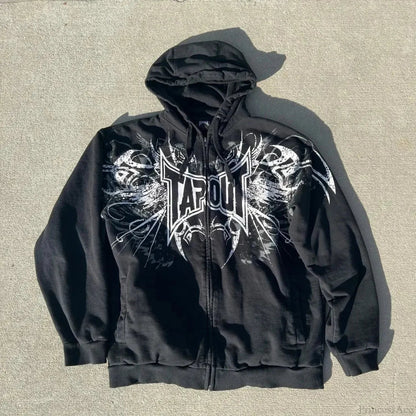Dark Vintage Letter Print Zip Hoodie