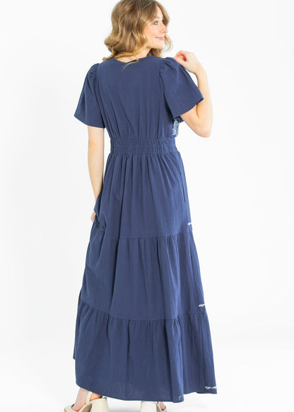 Embroidered Floral Print Maxi Tiered Dress - FINAL SALE