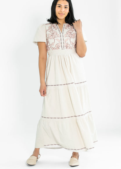 Embroidered Floral Print Maxi Tiered Dress - FINAL SALE