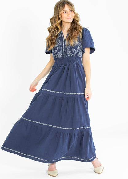 Embroidered Floral Print Maxi Tiered Dress - FINAL SALE
