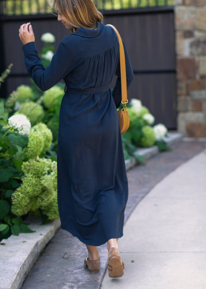 Essential Navy Long Sleeve Linen Shirt Dress - FINAL SALE