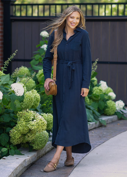 Essential Navy Long Sleeve Linen Shirt Dress - FINAL SALE