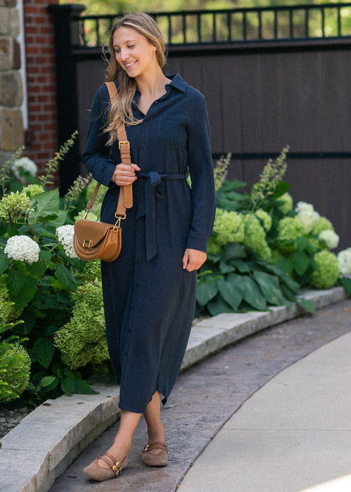 Essential Navy Long Sleeve Linen Shirt Dress - FINAL SALE
