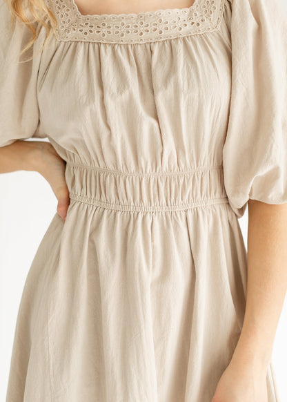 Eyelet Lace Trimmed Square Neck Midi Dress - FINAL SALE