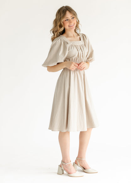 Eyelet Lace Trimmed Square Neck Midi Dress - FINAL SALE
