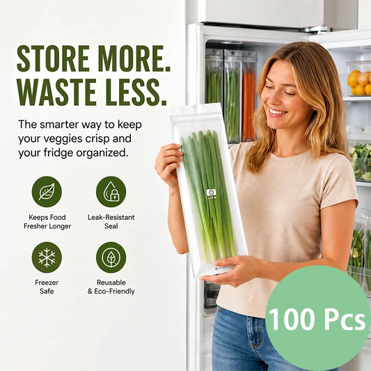 🥬 50/100PCS Reusable Long Food Storage Bags, Double-Zip Seal Freshness Bags for Kitchen