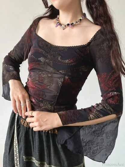 Floral Square Collar Knit Top