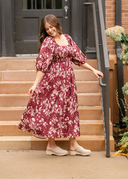 Floral Textured Print Burgundy Midi Dress - FINAL SALE