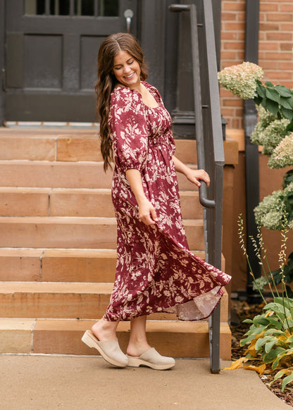 Floral Textured Print Burgundy Midi Dress - FINAL SALE