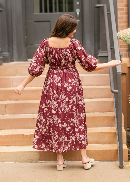 Floral Textured Print Burgundy Midi Dress - FINAL SALE