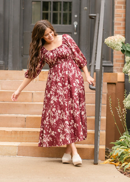 Floral Textured Print Burgundy Midi Dress - FINAL SALE