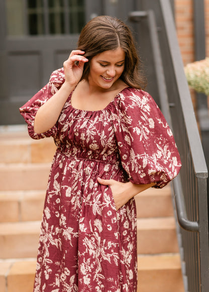 Floral Textured Print Burgundy Midi Dress - FINAL SALE