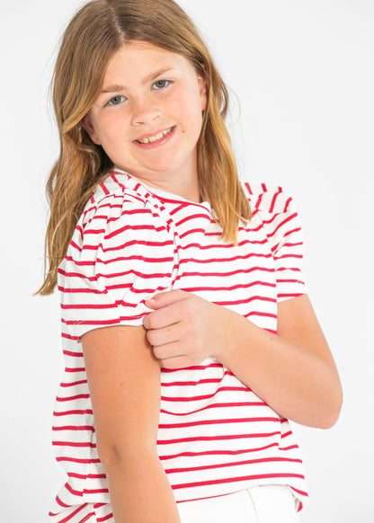 Girl's Pleated Puff Sleeve Stripe Knit T-Shirt