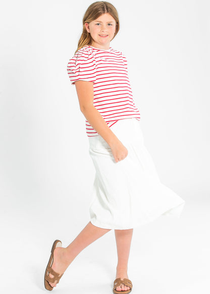 Girl's Pleated Puff Sleeve Stripe Knit T-Shirt
