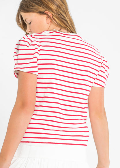 Girl's Pleated Puff Sleeve Stripe Knit T-Shirt